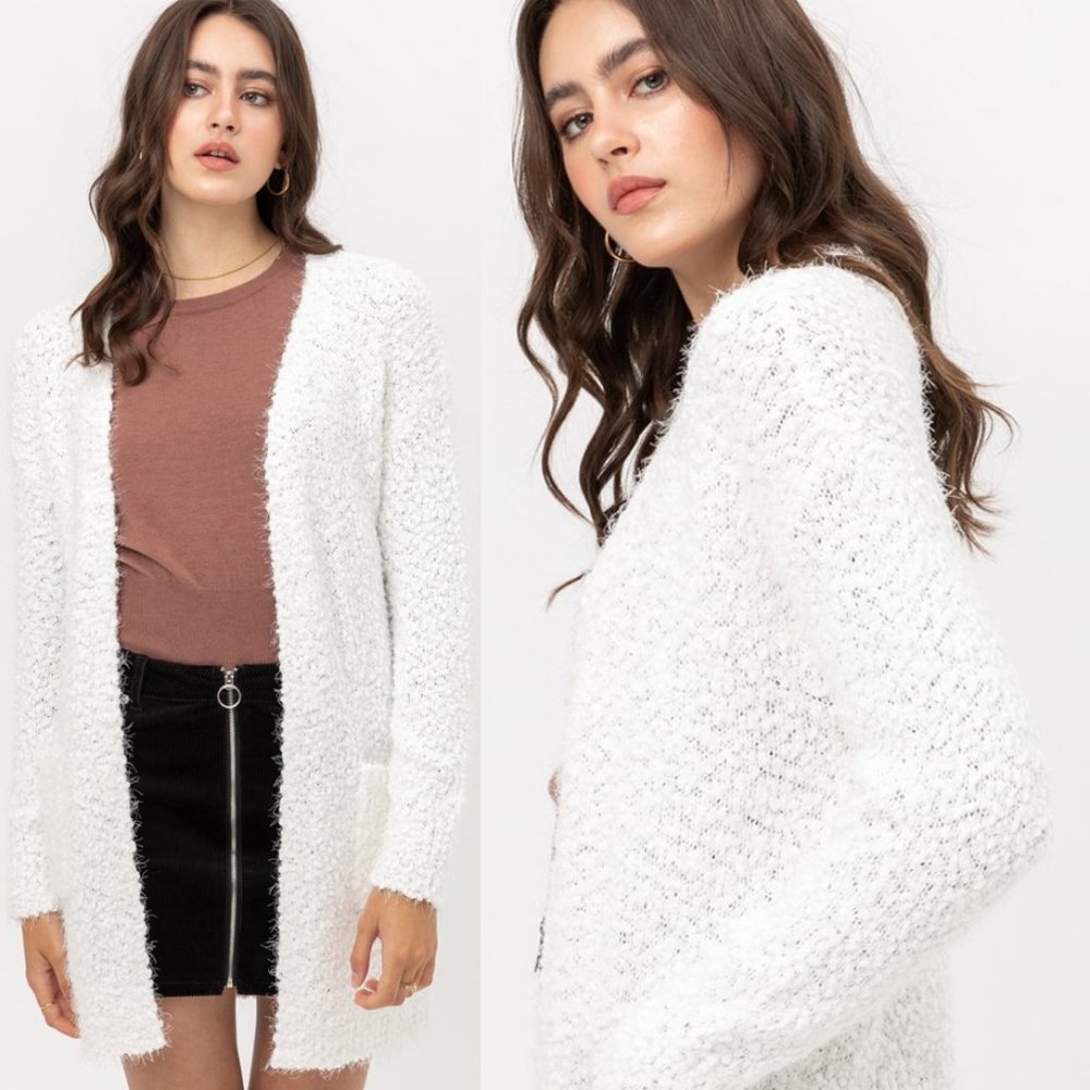White Eyelash Popcorn Knit Long Cardigan Pockets - Picture 5 of 12